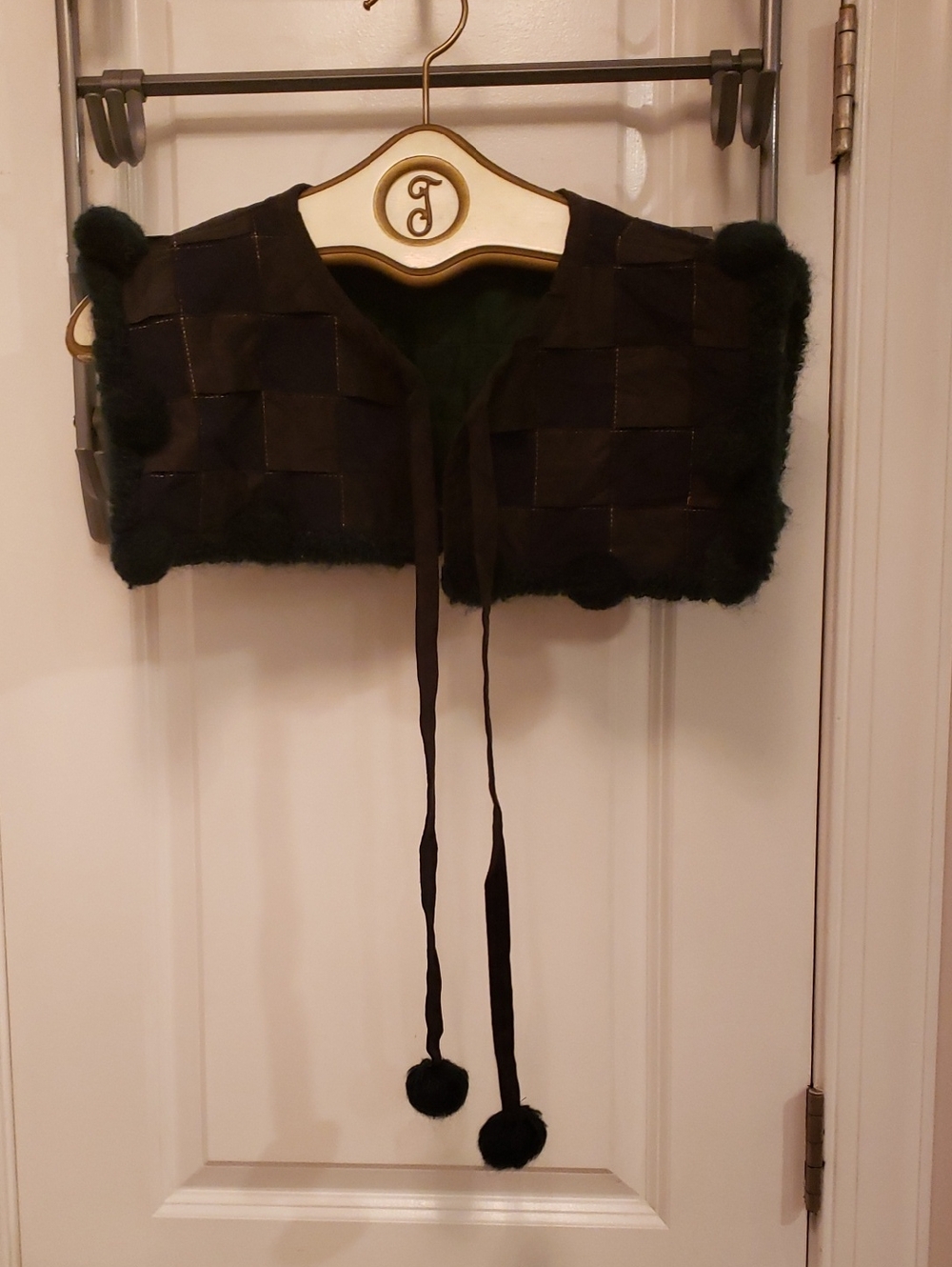 Black and Green Patchwork wool Cropped Shawl with wool Pom Ties